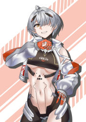  absurdres ahoge bare_shoulders black_pants black_sports_bra body_markings breasts chinese_commentary clothing_cutout commentary_request cowboy_shot drawstring drop_shadow female gloves grey_hair grin hair_between_eyes hair_over_one_eye hand_on_own_hip highres jacket komina long_sleeves looking_at_viewer medium_breasts navel open_clothes open_jacket orange_gloves pants partially_fingerless_gloves punishing:_gray_raven shadow short_hair shoulder_cutout sidelocks smile solo sports_bra standing stomach teeth tomboy underboob white_jacket yata_(pgr) yellow_eyes 