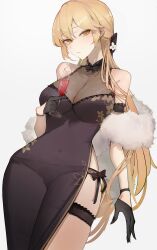  absurdres black_dress black_gloves black_panties blonde_hair blush breasts champagne_flute china_dress chinese_clothes cleavage covered_navel cup dress drink drinking_glass english_commentary female girls&#039;_frontline gloves half_gloves highres holding holding_cup huinjebi long_hair looking_at_viewer official_alternate_costume orange_eyes ots-14_(girls&#039;_frontline) ots-14_(sangria_succulent)_(girls&#039;_frontline) panties parted_lips shawl simple_background skindentation solo thigh_strap underwear white_background white_shawl 