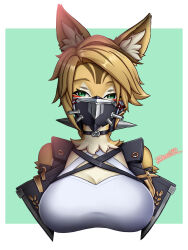  animal_ear_fluff animal_ears artist_name breasts cat_ears cleavage cleavage_cutout clothing_cutout collar female furry furry_female green_eyes highres large_breasts looking_at_viewer mask mouth_mask pulchra slit_pupils solo upper_body zenless_zone_zero zero130 