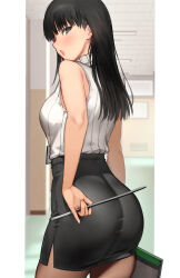  amagami ass ayatsuji_tsukasa black_eyes black_hair black_skirt butt_crack cowboy_shot female frown highres long_hair looking_at_viewer pantyhose pencil_skirt pillarboxed serizawa_(serizawaroom) skirt sleeveless sleeveless_turtleneck solo sweater turtleneck turtleneck_sweater v-shaped_eyebrows variant_set 