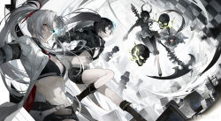  4girls absurdres alpha_(pgr) bikini bikini_top_only black_hair black_rock_shooter black_rock_shooter_(character) blue_eyes boots breasts character_name chess_piece crossover dead_master flaming_eye floating_skull full_body green_eyes highres holding holding_scythe holding_sword holding_weapon long_hair lucia_(pgr) multiple_girls narakuuu navel official_art punishing:_gray_raven red_eyes scythe shorts swimsuit sword weapon weibo_logo weibo_watermark white_hair 