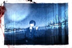  1other ambiguous_gender blood blue_theme border brutal_vap building city cityscape diffraction_spikes faceless hand_up highres jacket looking_at_viewer monochrome night no_eyes no_mouth no_nose original outdoors short_hair sky solo white_border 