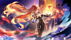  biker_clothes black_bikesuit black_gloves breasts female fire floating_hair flower full-length_zipper genshin_impact gloves highres large_breasts long_hair looking_at_viewer mavuika_(genshin_impact) open_mouth orange_pupils purple_flower pyrokinesis red_hair solo sun-shaped_pupils sun_earrings yu_e_baba zipper 