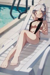  absurdres barefoot black_slingshot_swimsuit blush breasts cleavage commission deko_morii female full_body grey_hair highres long_hair long_legs looking_at_viewer medium_breasts melty_blood navel nose_blush one_eye_closed ponytail pool poolside purple_eyes recliner reclining riesbyfe_stridberg sideboob slingshot_swimsuit solo swimsuit toes tsukihime v 