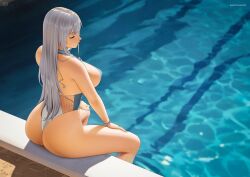  ak-12_(girls&#039;_frontline) alternate_costume artist_name ass back blue_lips blue_nails blue_one-piece_swimsuit breasts closed_eyes day english_commentary expressionless feet_out_of_frame female girls&#039;_frontline grey_hair highres j_adsen large_breasts long_hair looking_to_the_side one-piece_swimsuit one-piece_thong outdoors pool shadow sideboob sidelocks sitting solo swimsuit turtleneck turtleneck_one-piece_swimsuit 