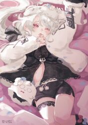  absurdres alarm_clock am_(maple27) black_camisole black_shorts blue_nails blush camisole clock dated female flower grey_hair hair_flower hair_ornament hat hat_flower highres lace long_hair long_sleeves midriff_peek nijisanji nijisanji_en nose_blush on_bed one_eye_closed open_mouth phantomo_(reimu_endou) poppi_(reimu_endou) red_eyes reimu_endou reimu_endou_(4th_costume) shorts sleepwear sleepy sleeves_past_wrists tearing_up thigh_strap twitter_username virtual_youtuber 