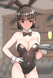  alternate_costume animal_ears black_bow black_bowtie black_hair black_hairband black_leotard blurry blurry_background blush bow bowtie breasts brown_eyes covered_navel detached_collar fake_animal_ears female full-face_blush furaggu_(frag_0416) gloves hair_bun hair_ornament hairband hairclip highleg highleg_leotard highres holding holding_tray kantai_collection large_breasts leotard myoukou_(kancolle) playboy_bunny rabbit_ears solo strapless strapless_leotard traditional_bowtie tray white_gloves white_wrist_cuffs wrist_cuffs 