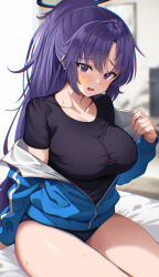  black_halo black_shirt blue_archive blue_buruma blue_jacket blurry blurry_background blush breasts buruma collarbone commentary_request female halo hand_up highres indoors jacket large_breasts long_hair looking_at_viewer mechanical_halo ni_tamago_sando off_shoulder official_alternate_costume official_alternate_hairstyle open_mouth partially_unzipped ponytail shirt solo star_(symbol) star_sticker sticker_on_face thick_thighs thighs track_jacket yuuka_(blue_archive) yuuka_(track)_(blue_archive) 