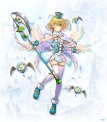  ;) ahoge angel_wings aqua_footwear axe battle_axe blonde_hair blue_crown braid breasts cita_(phantom_of_the_kill) cleavage commentary_request crown disembodied_eye female full_body green_eyes hanekoto holding holding_axe looking_at_viewer medium_breasts official_alternate_costume official_art one_eye_closed phantom_of_the_kill second-party_source skirt smile solo standing standing_on_one_leg thighhighs wavy_hair weapon white_thighhighs wings 