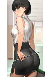  alternate_hairstyle amagami ass ayatsuji_tsukasa black_eyes black_hair black_skirt butt_crack cowboy_shot female frown highres looking_at_viewer pantyhose pencil_skirt pillarboxed serizawa_(serizawaroom) short_hair skirt sleeveless sleeveless_turtleneck solo sweater turtleneck turtleneck_sweater v-shaped_eyebrows variant_set 