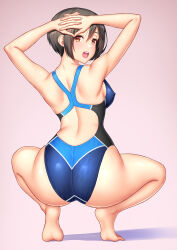  arms_behind_head ass back back_focus barefoot black_hair blue_one-piece_swimsuit brown_eyes competition_swimsuit covered_nipples female from_behind gradient_background highres kuri_(kurigohan) multicolored_clothes multicolored_swimsuit one-piece_swimsuit open_mouth original pink_background racerback short_hair solo squatting swimsuit teeth upper_teeth_only 