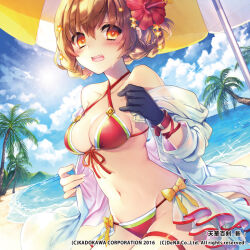  beach beach_umbrella bikini blush bow braid brown_eyes brown_hair female flower gloves hair_flower hair_ornament hood hoodie looking_at_viewer personification red_bikini renta_(deja-vu) shimazu_masamune single_glove solo sweatdrop swimsuit tenka_hyakken thigh_strap twin_braids umbrella white_hoodie yellow_bow 