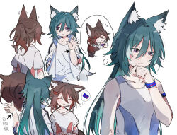  2girls animal_ear_fluff animal_ears arrow_(symbol) bracelet chinese_commentary chinese_text closed_eyes closed_mouth commentary_request fox_ears fox_girl green_hair honkai:_star_rail honkai_(series) jewelry jianguo0412 multiple_girls multiple_views oversized_clothes oversized_shirt shirt simple_background tank_top thought_bubble tingyun_(honkai:_star_rail) translation_request waving white_background white_shirt white_tank_top wiping_mouth yukong_(honkai:_star_rail) 