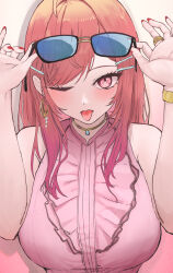  ;p blush bracelet breasts commentary earrings female fingernails highres holding holding_removed_eyewear hololive hololive_dev_is ichijou_ririka ichijou_ririka_(1st_costume) jewelry large_breasts long_hair looking_at_viewer nail_polish one_eye_closed pink_eyes pink_hair pink_shirt ring shirt sleeveless sleeveless_shirt solo tinted_eyewear tongue tongue_out unworn_eyewear upper_body virtual_youtuber yoruminono_yo 