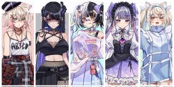  5girls absurdres alternate_costume alternate_hairstyle animal_ear_fluff animal_ears asymmetrical_horns black_hair blonde_hair blue_hair breasts casual cleavage colored_inner_hair commentary contemporary demon_horns dog_ears dog_girl english_commentary fishnet_pantyhose fishnets fuwawa_abyssgard goth_fashion hair_ornament highres hololive hololive_english horns keisea koseki_bijou lace_sleeves large_breasts long_hair looking_at_viewer mococo_abyssgard mole mole_under_eye multicolored_hair multiple_girls nerissa_ravencroft pantyhose red_eyes shiori_novella siblings sisters solo streaked_hair torn_clothes torn_pantyhose twins twintails two-tone_hair uneven_horns very_long_hair virtual_youtuber 