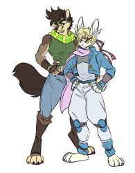  absurd_res anthro athletic athletic_anthro athletic_male biped blue_eyes brown_body brown_fur canid canine canis duo fizzy-dog fur hi_res lagomorph leporid looking_at_another looking_at_partner male mammal pink_scarf rabbit scarf white_body white_fur wolf 