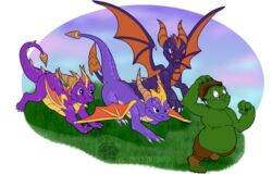  2018 3_toes activision alpha_channel chasing claws dragon feet feral flying goblin grass group humanoid male membrane_(anatomy) membranous_wings mythological_creature mythological_scalie mythology plant purple_body purple_eyes purple_scales quadruped red_eyes scales scalie skylanders_academy spyro spyro_reignited_trilogy spyro_the_dragon tail teeth the_legend_of_spyro toe_claws toes twicetribrid wings 