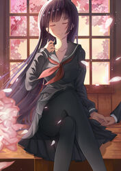  1boy black_hair black_serafuku blush breasts cherry_blossoms closed_eyes commentary_request couple crossed_legs female ghost highres hime_cut hunxiao_xingshuang kanoe_yuuko long_hair medium_breasts niiya_teiichi out_of_frame pantyhose school_uniform serafuku sitting skirt smile solo_focus straight tasogare_otome_x_amnesia tree 