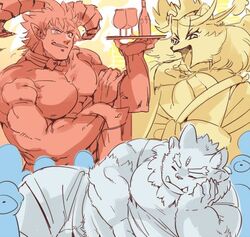  1boshi anthro bear_trap canid canine demon female fox group hakumen_(tas) humanoid kemono lifewonders male mammal muscular muscular_male sleeping tokyo_afterschool_summoners trap_(contrivance) tsathoggua_(cthulhu) tsathoggua_(tas) 