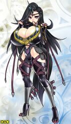  black_hair breasts female gradient gradient_background horn huge_breasts long_hair omc solo 