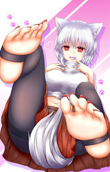  absurdres animal_ears banned_artist black_legwear breasts detached_sleeves feet finger_to_mouth hand_on_own_chest heart heart-shaped_pupils highres inubashiri_momiji large_breasts leggings looking_at_viewer midriff nail_polish navel no_hat no_headwear oohirakeisuke open_mouth red_eyes short_hair silver_hair soles solo stirrup_legwear symbol-shaped_pupils tail toeless_legwear touhou wolf_ears wolf_tail 