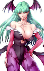  animal_print bad_id bad_pixiv_id bat_print bat_wings breasts bridal_gauntlets cleavage commentary_request demon_girl female green_eyes green_hair head_wings large_breasts long_hair morrigan_aensland pantyhose print_pantyhose skin_tight vampire_(game) wings yasshan 