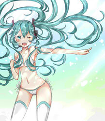  aqua_eyes aqua_hair bad_id bad_pixiv_id bikini female hatsune_miku headset long_hair mo_(k40633) navel one_eye_closed open_mouth outstretched_arm side-tie_bikini_bottom solo swimsuit thighhighs twintails very_long_hair vocaloid white_bikini 