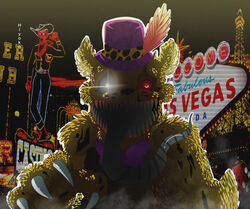  absurd_res animatronic bear bow_(feature) bow_tie claws clothing english_text fan_character fangs feathers five_nights_at_freddy&#039;s five_nights_at_freddy&#039;s_4 fur hat headgear headwear hi_res hiyoko machine mammal monster nightmare_fredbear_(fnaf) robot scottgames simple_background teeth text tongue 