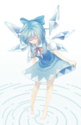  artist_name barefoot blue_bow blue_dress blue_hair bow cirno closed_eyes commentary dress female full_body hair_ornament hair_ribbon hairbow highres ice ice_wings lyn_(shunao) ribbon short_hair short_sleeves simple_background skirt_hold smile solo touhou white_background wings 