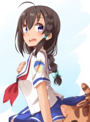  ahoge bad_id bad_pixiv_id badge blue_skirt blush braid brown_hair clothes_lift cowboy_shot feline female from_side hair_ribbon high_school_fleet highres isoroku_(haifuri) kapatarou long_hair neckerchief open_mouth pleated_skirt purple_eyes red_neckerchief ribbon sailor_collar school_uniform serafuku short_sleeves sitting skirt skirt_lift solo twin_braids uchida_mayumi white_sailor_collar yokosuka_girls_marine_high_school_uniform 