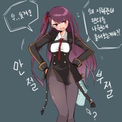  blush boxers breasts commentary_request elflorri female girls&#039;_frontline gloves korean_commentary korean_text long_hair looking_at_viewer male_underwear medium_breasts one_side_up open_mouth pantyhose purple_hair red_eyes shorts simple_background solo translation_request tsundere underwear wa2000_(girls&#039;_frontline) 