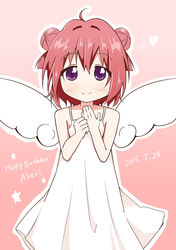  2015 ahoge akaza_akari angel_wings az!_(azu) birthday blush commentary_request dated double_bun dress english_text female hair_bun happy_birthday heart looking_at_viewer purple_eyes red_hair short_hair smile solo star_(symbol) white_dress wings yuru_yuri 