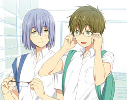  2boys backpack bag brown_hair commentary_request free! glasses green_eyes grey_hair high_speed! male_focus mo_(nmnme) multiple_boys open_mouth serizawa_nao shirt smile tachibana_makoto yellow_eyes 