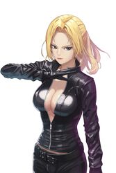  arm_up belt black_bodysuit black_gloves black_pants blonde_hair blue_eyes bodysuit breasts center_opening cleavage closed_mouth commentary female gloves large_breasts leather lud nina_williams pants sidelocks skin_tight solo standing tekken tekken_7 unzipped 