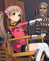  &gt;:) 1boy artist_request beard brown_eyes brown_hair clapperboard director director&#039;s_chair facial_hair female hakozaki_serika idolmaster idolmaster_million_live! official_art short_hair sitting smile sunglasses thighhighs twintails v-shaped_eyebrows 