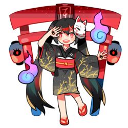  :d arm_up artistic_error black_hair bright_pupils commentary_request female fox_mask getiao hands_up hatsune_miku japanese_clothes kimono lantern long_hair long_sleeves looking_at_viewer mask musunde_hiraite_rasetsu_to_mukuro_(vocaloid) obi obiage obijime open_mouth paper_lantern red_eyes red_sash right-over-left_kimono sandals sash smile solo standing standing_on_one_leg teeth torii transparent_background twintails upper_teeth_only very_long_hair vocaloid white_pupils wide_sleeves zouri 