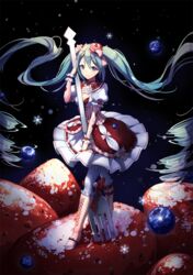  absurdly_long_hair bad_id bad_pixiv_id blueberry boots cake_hat circle_skirt female floating_hair food fork fruit full_body green_eyes green_hair hat hatsune_miku in_food knee_boots long_hair looking_at_viewer mini_hat mini_person minigirl oninaart pantyhose smile snowflakes solo strawberry twintails very_long_hair vocaloid 