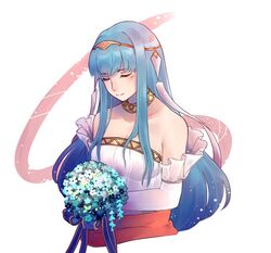  bad_id bad_twitter_id bare_shoulders blue_hair bouquet bridal_veil bride closed_eyes closed_mouth dress female fire_emblem fire_emblem:_the_blazing_blade fire_emblem_heroes flower formal kowarisan ninian_(bridal)_(fire_emblem) ninian_(fire_emblem) rose simple_background solo strapless veil wedding wedding_dress white_background white_dress white_flower 