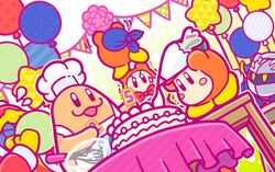  3boys apron balloon bandana bandana_waddle_dee banner birthday_cake blowing blue_bandana blush_stickers bow bowl bowtie cake camera_waddle_dee candle channel_ppp chef_hat chef_kawasaki commentary_request dutch_angle food glass_bowl hat holding_pastry_bag icing king_dedede kirby_(series) mask meta_knight multiple_boys no_humans official_art pastry_bag reporter_waddle_dee robe sweat table tablecloth trembling waddle_dee whisk 