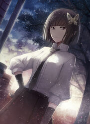  :/ angel31424 black_gloves black_necktie brick brown_eyes brown_hair building bungou_stray_dogs butterfly_hair_ornament closed_mouth collared_shirt commentary_request dutch_angle female gloves hair_ornament hand_on_own_hip necktie outdoors shirt signature skirt solo tree white_shirt wing_collar yosano_akiko 