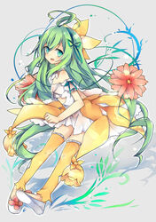  alraune_(p&amp;d) bare_shoulders commentary_request dress female flower green_eyes green_hair highres leeannpippisum long_hair monster_girl open_mouth plant_girl puzzle_&amp;_dragons thighhighs 