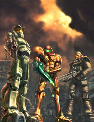  2boys armor crossover epic gradient gradient_background gun halo_(game) helghast helmet killzone master_chief metroid microsoft multiple_boys nintendo power_armor power_suit samus_aran sony standing trio weapon 