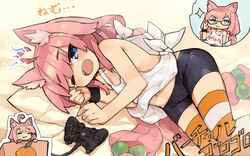  ahoge animal_ear_fluff animal_ears asymmetrical_legwear bike_shorts blue_eyes box cardboard_box cat_ears closed_eyes commentary_request controller female game_controller glasses hair_bobbles hair_ornament hinata_channel in_box in_container itsuki_tasuku long_hair low_twintails lying mismatched_legwear navel nekomiya_hinata on_side one_eye_closed open_mouth orange_legwear pink_hair short_shorts shorts sleepy smile solo striped_clothes striped_thighhighs tears thighhighs twintails vest virtual_youtuber white_vest yawning 