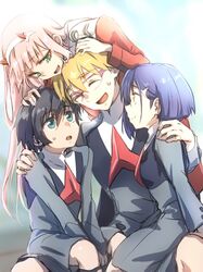  2boys 2girls :d ^_^ black_hair blonde_hair blue_eyes blue_hair closed_eyes commentary_request couple darling_in_the_franxx glasses gorou_(darling_in_the_franxx) green_eyes hair_ornament hairband hairclip hand_on_another&#039;s_head herozu_(xxhrd) hiro_(darling_in_the_franxx) horns ichigo_(darling_in_the_franxx) long_hair long_sleeves looking_at_another military military_uniform multiple_boys multiple_girls necktie oni_horns open_mouth pink_hair red_horns red_necktie sandwiched short_hair sitting sitting_on_lap sitting_on_person smile straight sweatdrop uniform white_hair white_hairband zero_two_(darling_in_the_franxx) 