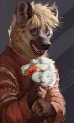  anthro awkward_smile blue_eyes bouquet brown_body brown_fur clothed clothing ear_piercing flower fur half-length_portrait hi_res holding_flower holding_object hyena industrial_piercing male mammal markings open_mouth open_smile piercing plant portrait shy sixfoot smile solo spots spotted_body spotted_fur spotted_hyena tan_body tan_fur teeth whiskers yunari 