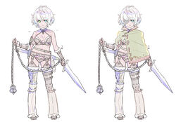  arm_strap ball_and_chain bare_shoulders belt blue_eyes boots bra bracer breasts brown_panties capelet chains closed_mouth contrapposto eyepatch female fur_trim garter_belt green_eyes heterochromia holding holding_sword holding_weapon looking_at_viewer multiple_views nagisa_kurousagi one_eye_covered original panties pointy_ears short_hair simple_background small_breasts sword thigh_boots thighhighs underwear weapon white_background white_hair 