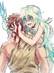  1boy ancient_greek_clothes artemis_(fate) blood blue_eyes brown_hair chiton commentary_request crying crying_with_eyes_open death energy_arrow fate/grand_order fate_(series) female greco-roman_clothes greek_mythology hair_between_eyes hug humanization long_hair orion_(bear)_(fate) shigemitsu_jun tears white_hair 