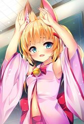  animal_ear_fluff animal_ears armpits arms_up bell blonde_hair blue_eyes commentary_request detached_sleeves fangs female fox_ears hair_ornament hairclip huei_nazuki jingle_bell kemomimi_oukoku_kokuei_housou long_hair mikoko_(kemomimi_oukoku_kokuei_housou) navel open_clothes open_mouth open_shirt pink_shirt rabbit_pose red_skirt shirt skirt smile solo twintails upper_body virtual_youtuber 