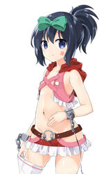  adjusting_clothes adjusting_legwear belt black_hair blue_eyes bow chains commentary_request cowboy_shot cuffs eyebrows female frills hairbow handcuffs highres hip_vent hood hood_down kunihiro_hajime looking_at_viewer navel no_bra no_panties numenume_(powa-ogutyogutyo) ponytail revealing_clothes saki_(manga) simple_background single_thighhigh solo star_(symbol) star_tattoo tattoo thighhighs white_background 