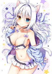  aina_rive animal_ears antenna_hair bare_shoulders bikini bikini_skirt black_choker blue_jacket blush bow breasts cat_ears cat_girl cat_tail choker cleavage closed_mouth clothes_down collarbone commentary_request cover cover_page female fingernails frilled_bikini frills front-tie_bikini_top front-tie_top hair_between_eyes hair_intakes hood hood_down hooded_jacket jacket large_breasts long_sleeves looking_at_viewer mauve navel off_shoulder open_clothes open_jacket original photoshop_(medium) polka_dot polka_dot_bikini purple_bow silver_hair sleeves_past_wrists smile solo star_(symbol) sunshine_creation swimsuit tail textless_version white_bikini 